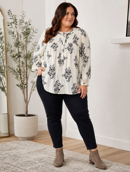 Lane Bryant Tops - Lane Bryant Size 20 Ivory Black Floral Smocked Rayon Peasant Blouse NWT